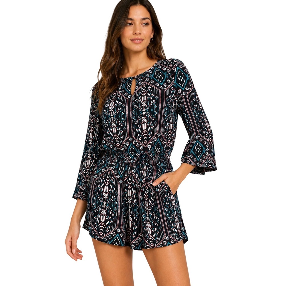 Ella Moss Geometric Print Romper Black Teal Red White Keyhole Bell Sleeve M